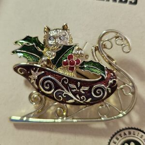 *Sale* Pet Friends Gold Tone  Red And Green Enamel Cat In Sleigh Brooch